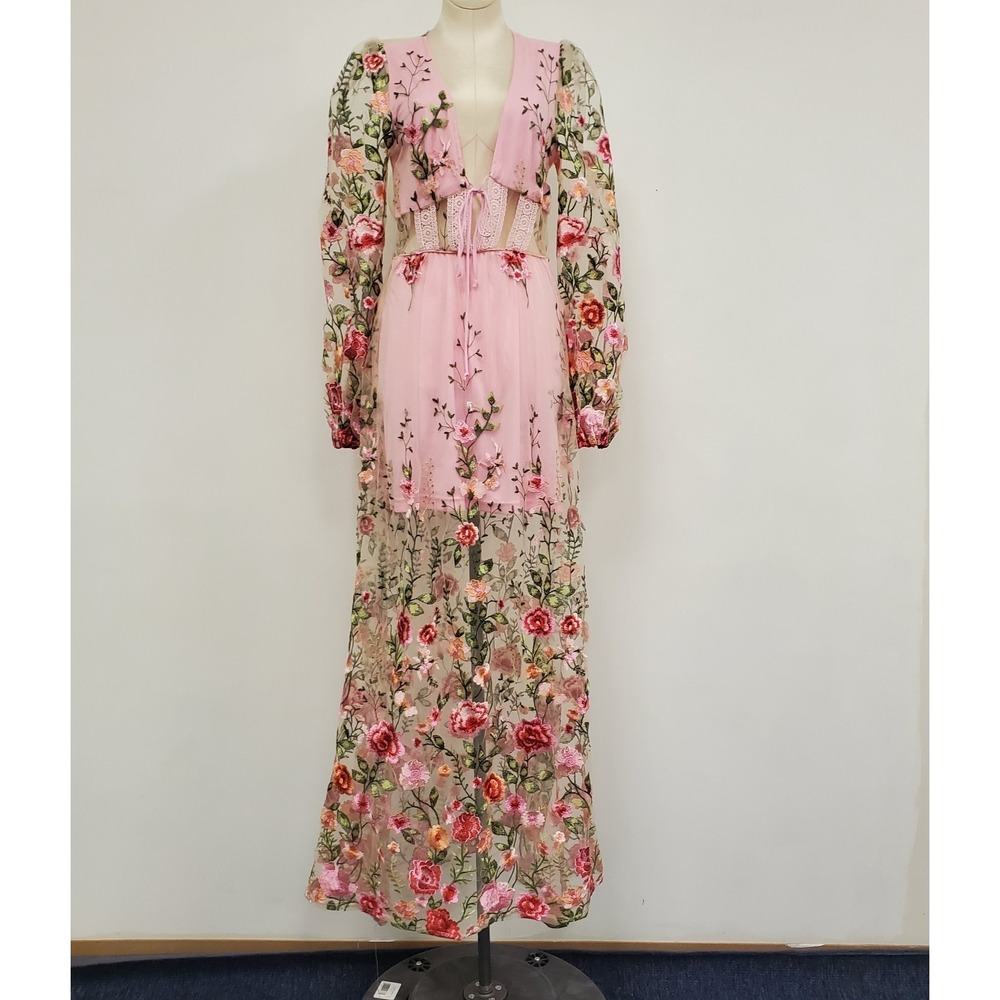 Apeach Womens Sheer Floral Embroidered Fairy Maxi Mesh Dress Size S Garden Party